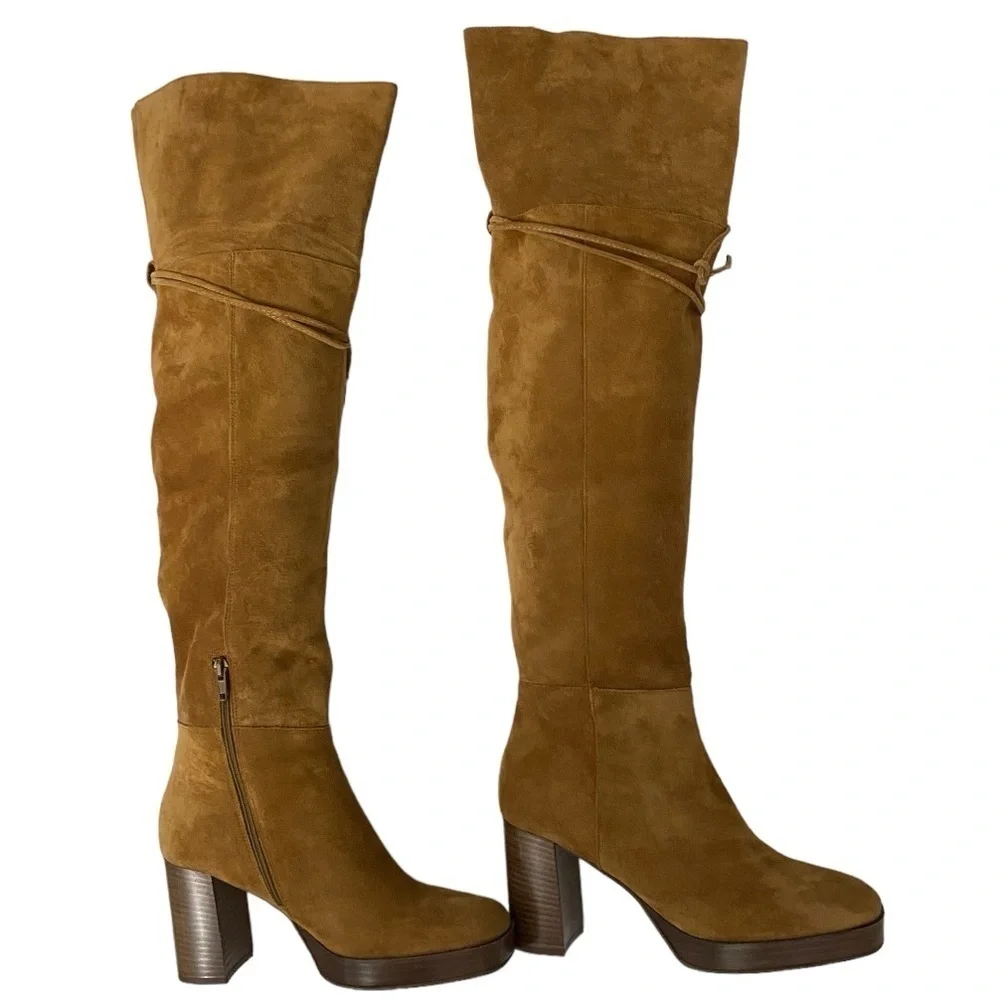 NWT FREE PEOPLE Suede Echo Platform Over The Knee Boots in Cognac